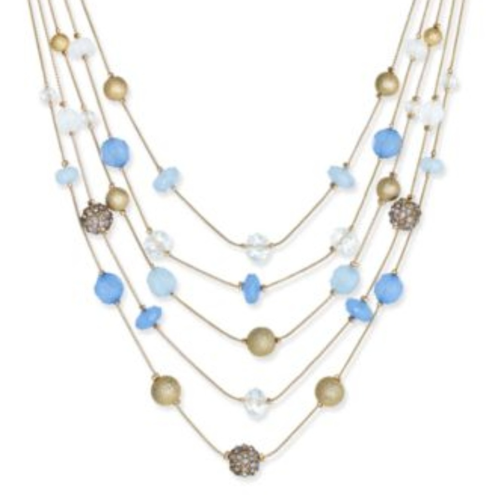 INC Multi Beaded Layered Statement Necklace Blue
